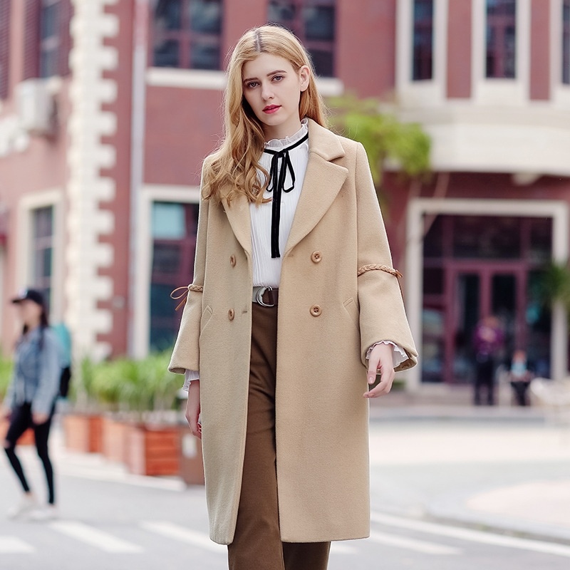 Camel Temperament Lapel Double Breasted Woolen Coat