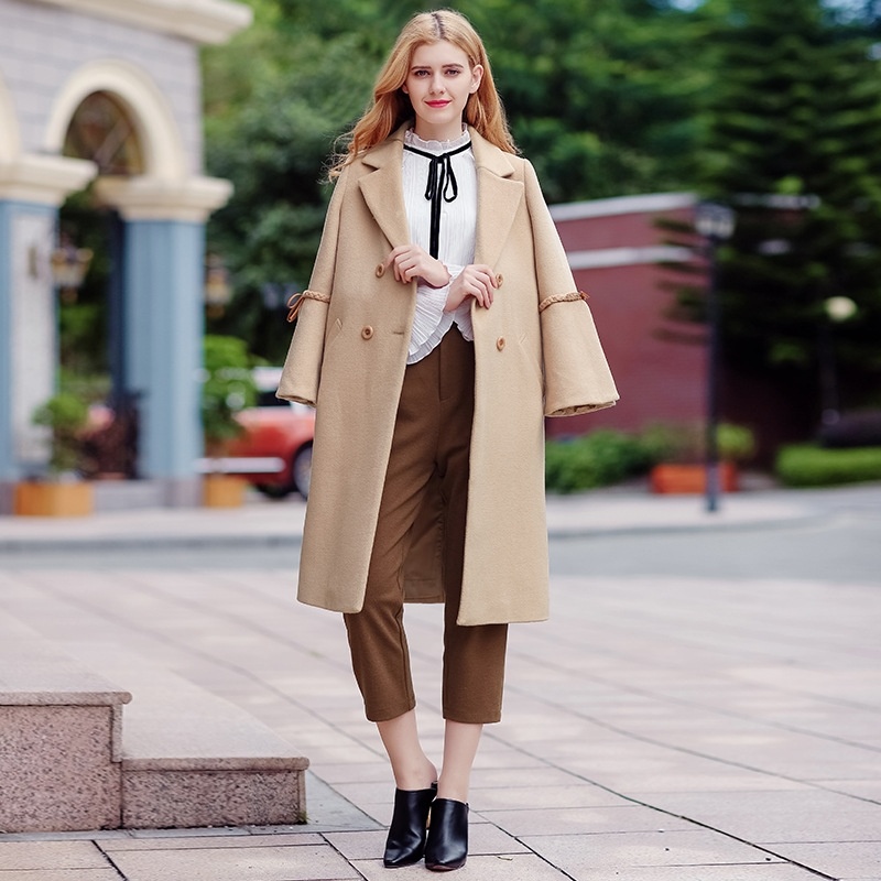 Camel Temperament Lapel Double Breasted Woolen Coat