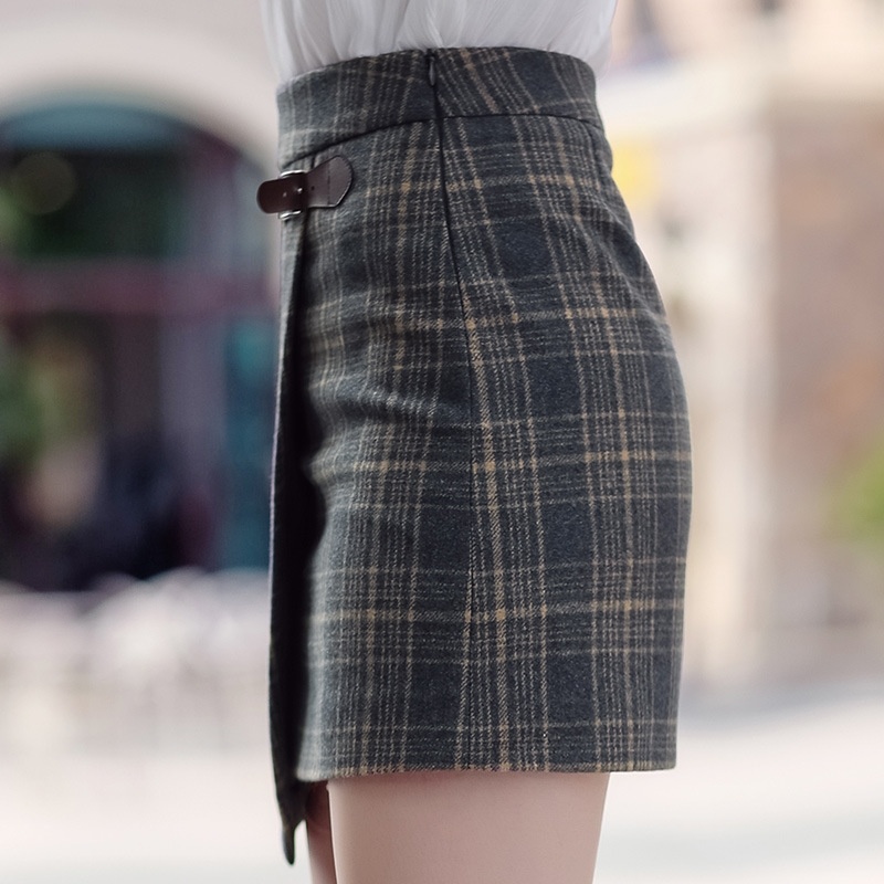 Zipper Stitching High Waist Plaid Leisure Woolen Woolen Skirts