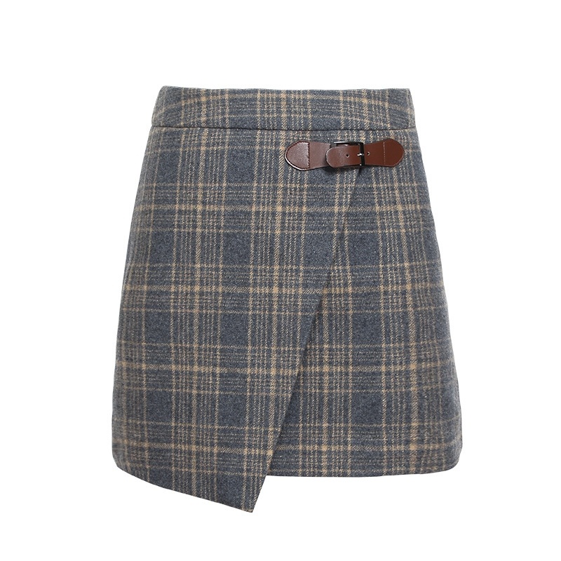 Zipper Stitching High Waist Plaid Leisure Woolen Woolen Skirts