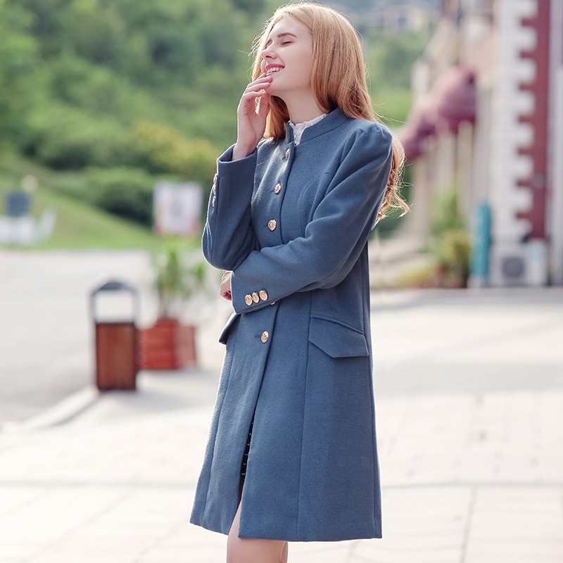 Couleur Unie Dans La Longue Section Simple Boutonnage Manteau De Laine