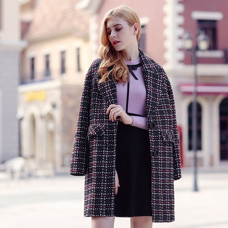 Lapel Suit Collar Woolen Single-Breasted Plaid Coat