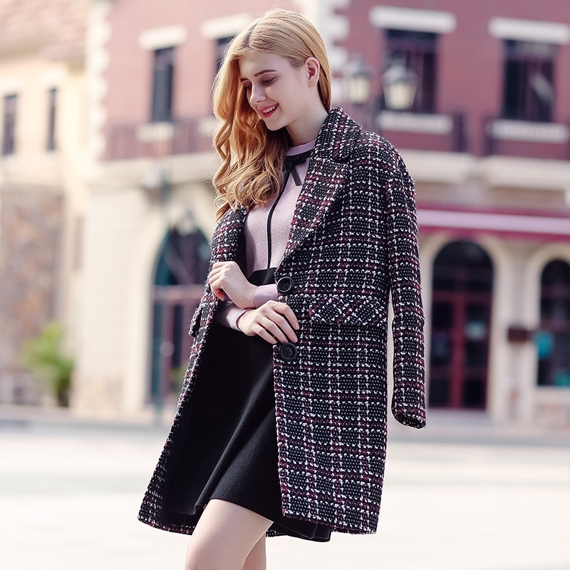 Lapel Suit Collar Woolen Single-Breasted Plaid Coat
