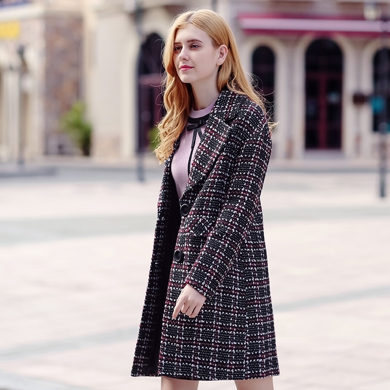 Lapel Suit Collar Woolen Single-Breasted Plaid Coat