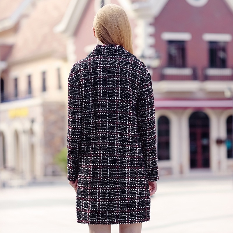 Lapel Suit Collar Woolen Single-Breasted Plaid Coat