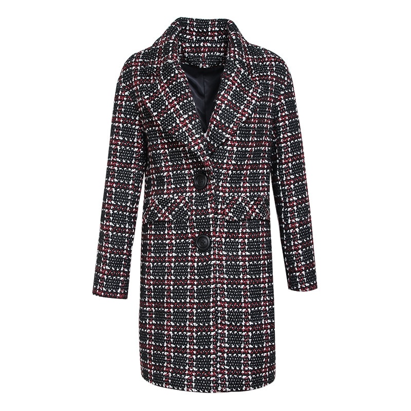 Lapel Suit Collar Woolen Single-Breasted Plaid Coat