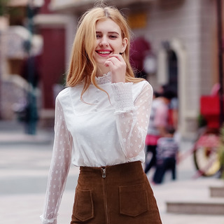 White Warm Plus Velvet Backing Sweet Wild Lace Chiffon Shirt
