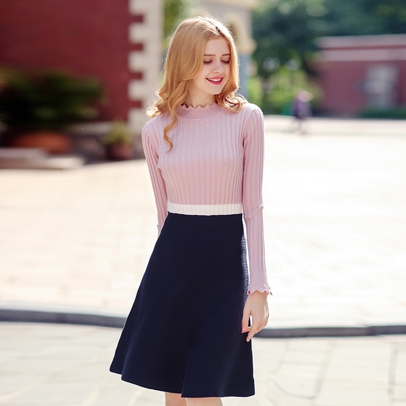 Lotus Leaf Stand Collar Color Sweet Wild Knit Dress