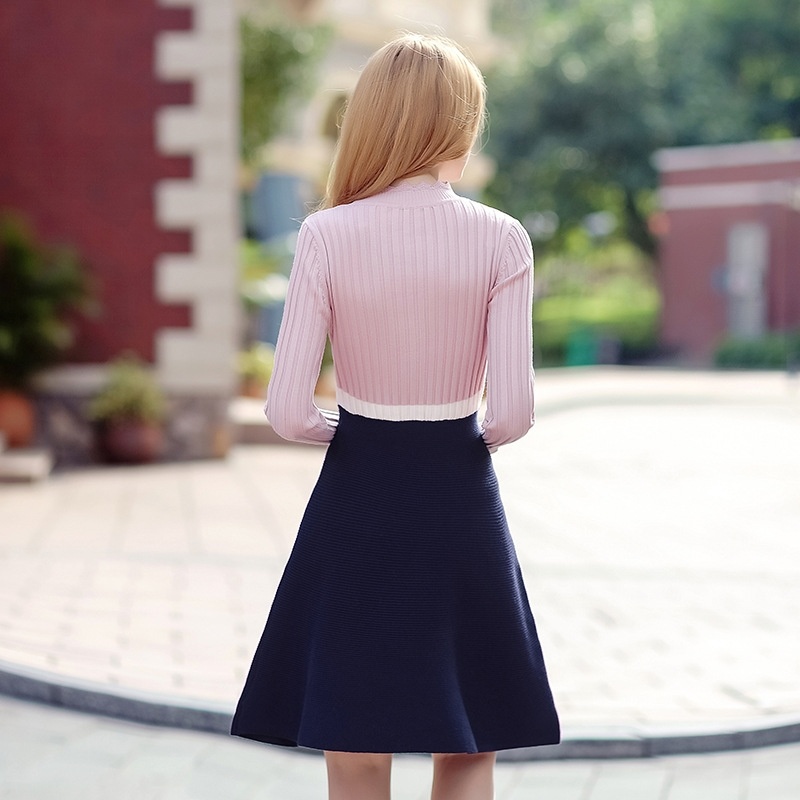 Lotus Leaf Stand Collar Color Sweet Wild Knit Dress