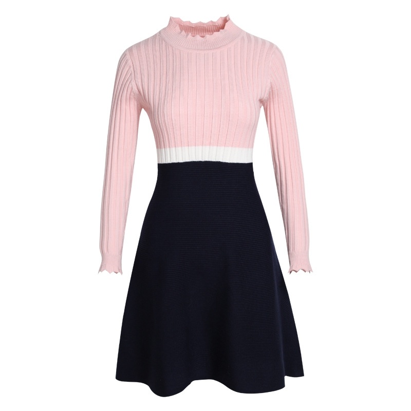 Lotus Leaf Stand Collar Color Sweet Wild Knit Dress
