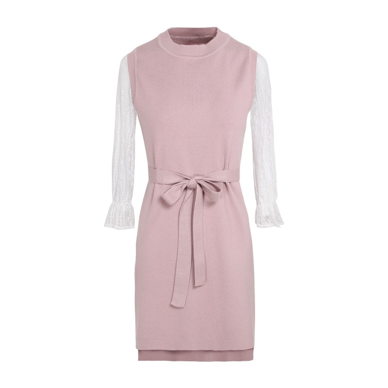Sleeveless Round Neck Sweater Ladies Wild Lace Dress Two-Piece