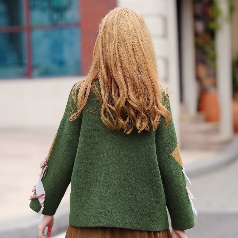 Green Half-High Collar Shirt Loose Wild Fringed Sweater