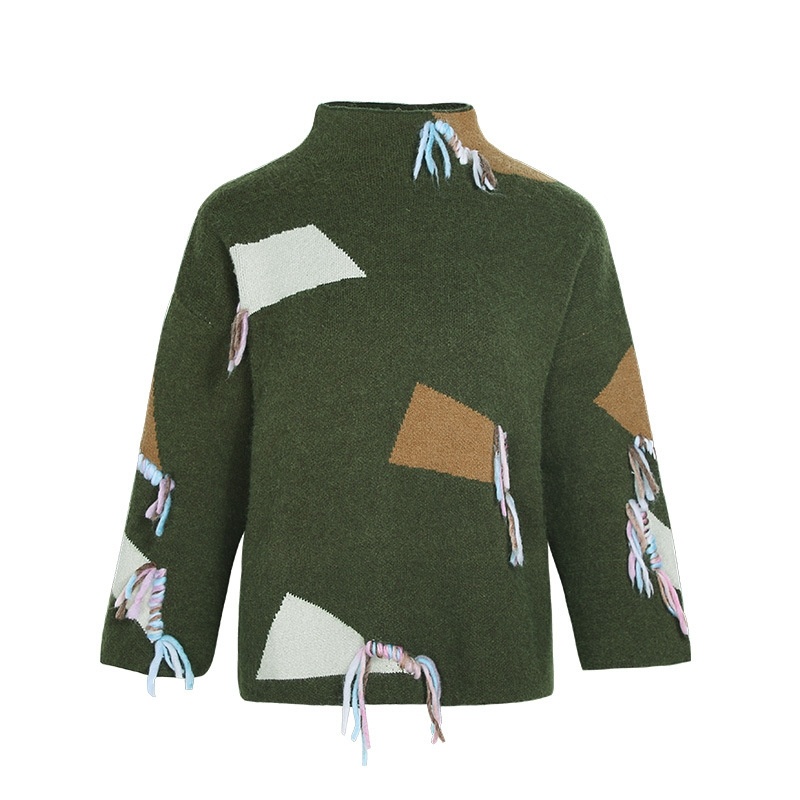Green Half-High Collar Shirt Loose Wild Fringed Sweater