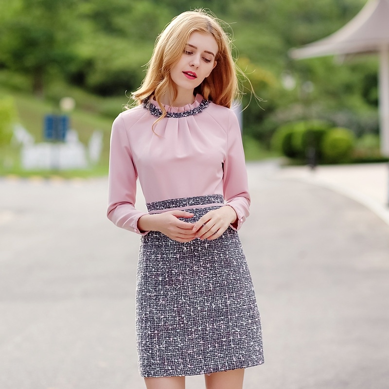 Stand Collar Color Hit Stitching Temperament Ladies Plus Velvet Dress
