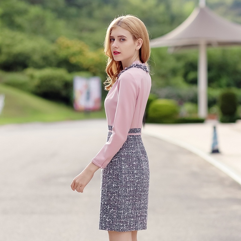 Stand Collar Color Hit Stitching Temperament Ladies Plus Velvet Dress