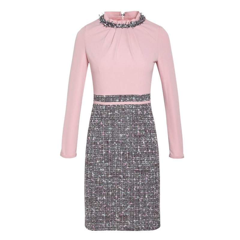 Stand Collar Color Hit Stitching Temperament Ladies Plus Velvet Dress