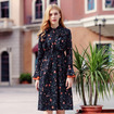 V-Neck Print Trumpet Sleeves Plus Velvet Warm Chiffon Dress