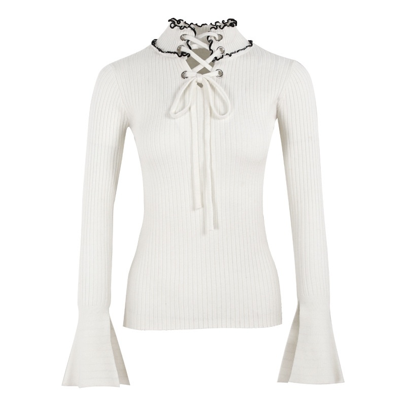 Kontrast Farbe High Neck Glocke Ärmel Stricken Pullover