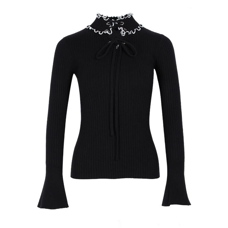 Kontrast Farbe High Neck Glocke Ärmel Stricken Pullover