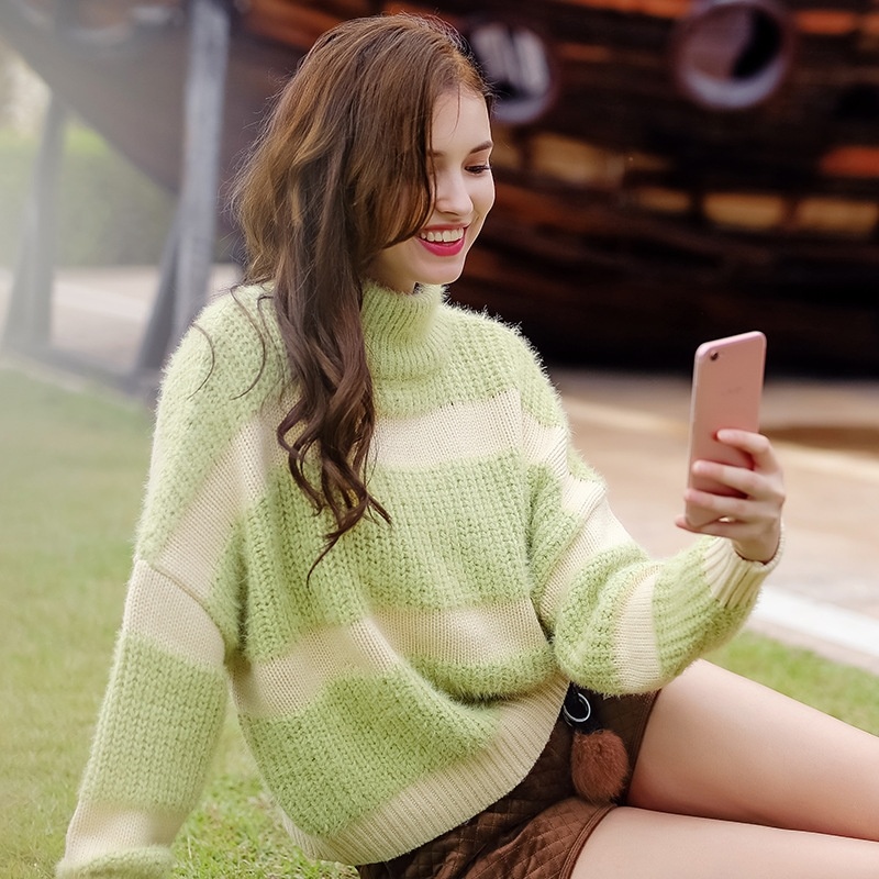 Striped High-Neck Ärmel-Manschetten Pullover