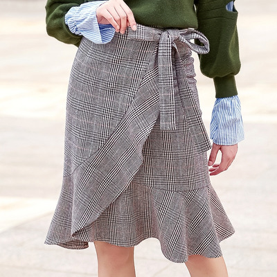 Checked Stitching Fishtail Draped Skirt With Hem And Tie Detail
