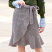 Checked Stitching Fishtail Draped Skirt With Hem And Tie Detail