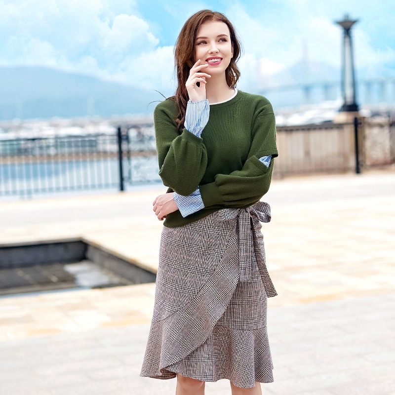 Checked Stitching Fishtail Draped Skirt With Hem And Tie Detail