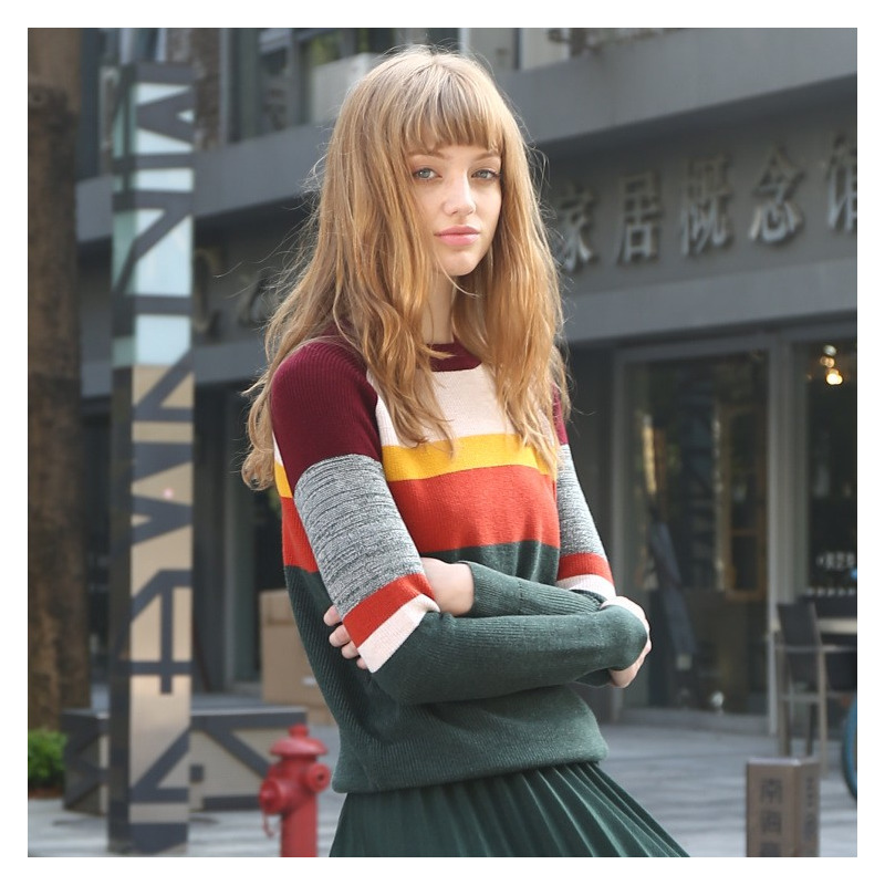 La Mode Décontractée Col Rond Multi Pull Rayé | VoguesUs