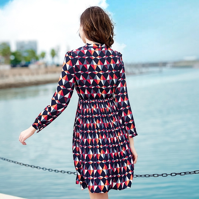 Floral Print V Neck Pleated Chiffon A Line Dress