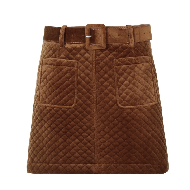 Stitching Warm Velvet Winter Skirt With Pocket And Belt