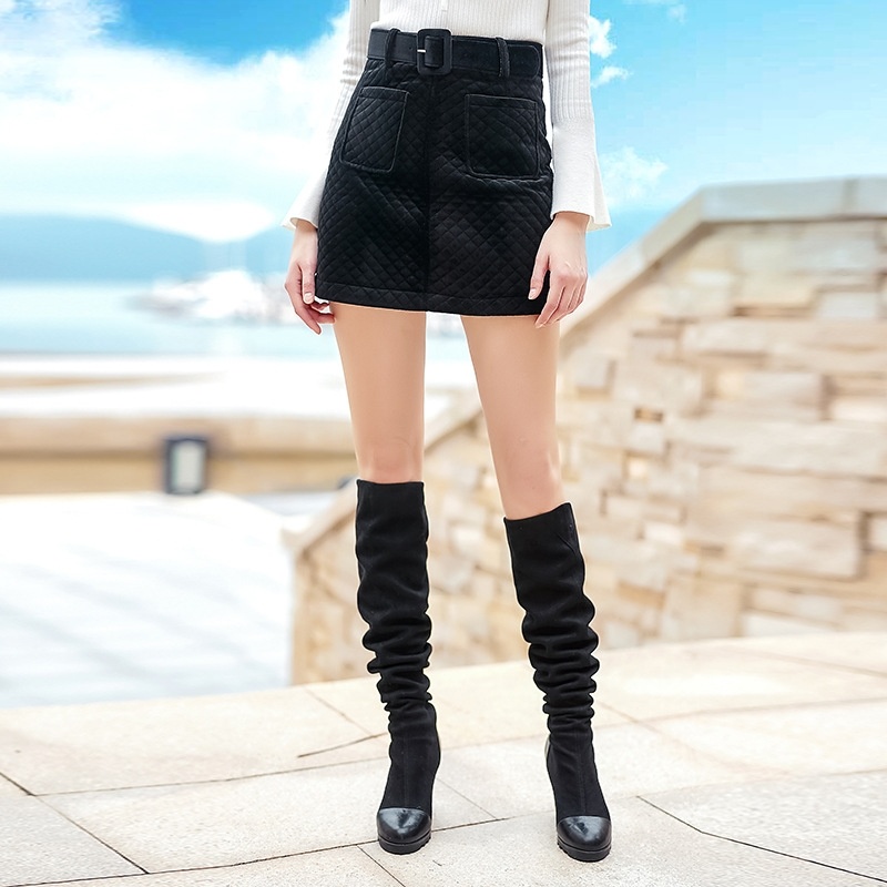 Stitching Warm Velvet Winter Skirt With Pocket And Belt
