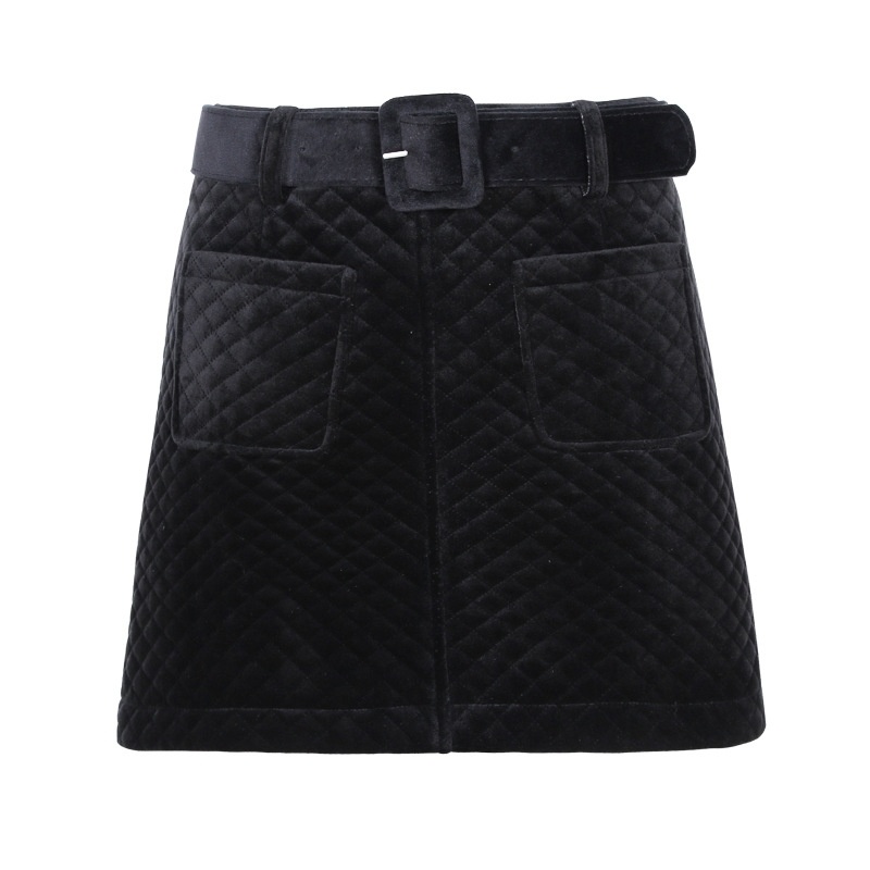 Stitching Warm Velvet Winter Skirt With Pocket And Belt