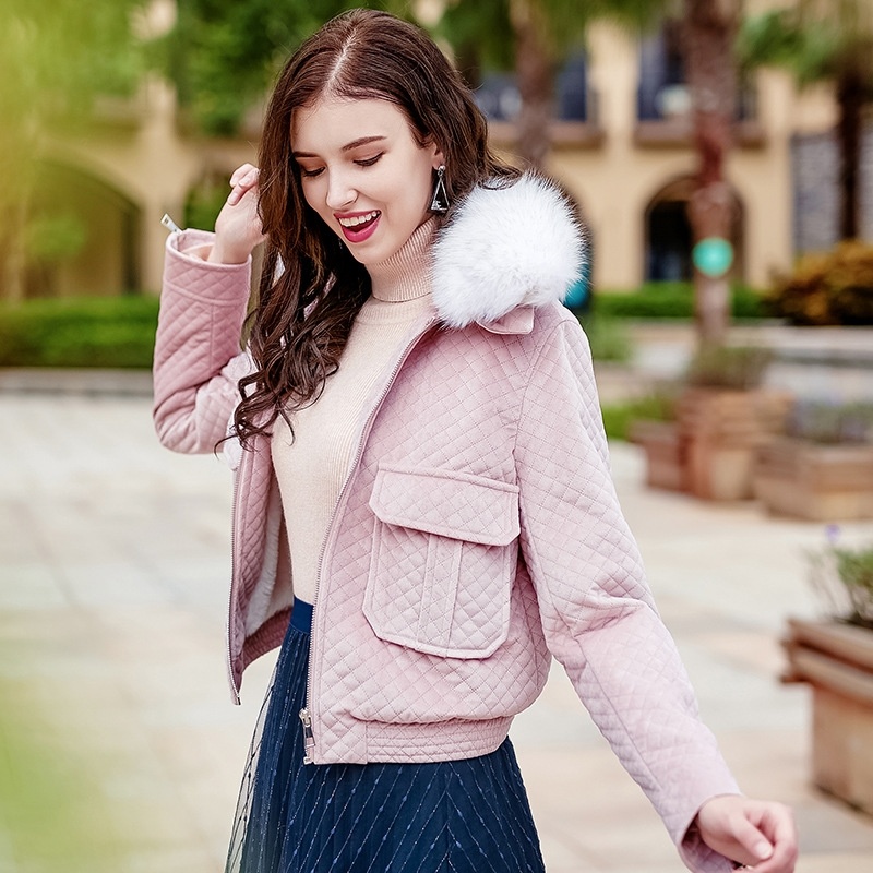 Faux Fur Collar Zipper Short Coat With Plus Pocket