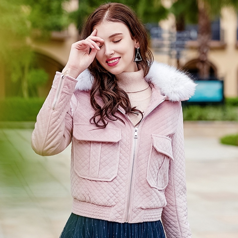 Faux Fur Collar Zipper Short Coat With Plus Pocket