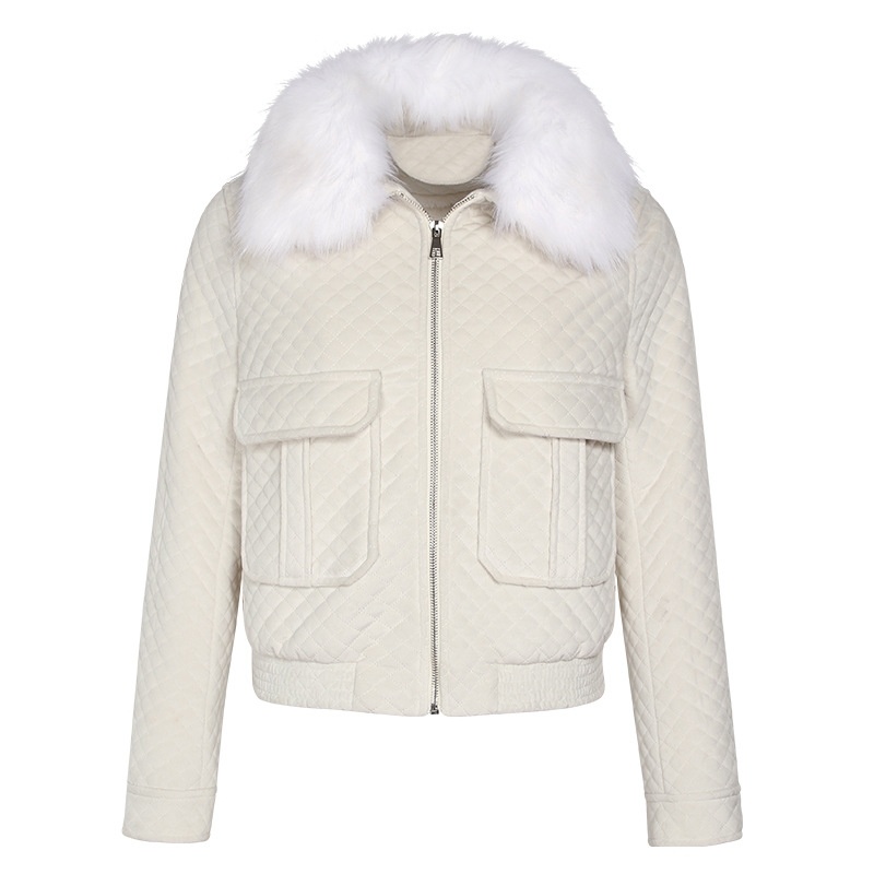 Faux Fur Collar Zipper Short Coat With Plus Pocket