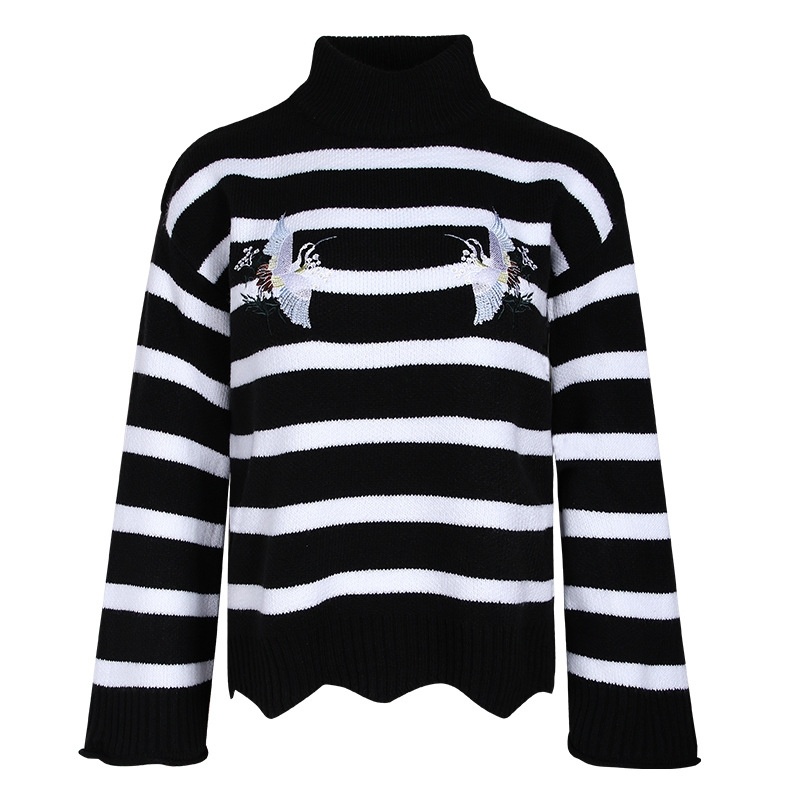 Rayas De Cuello Redondo Bordado De La Base De La Camisa Cálido Suéter