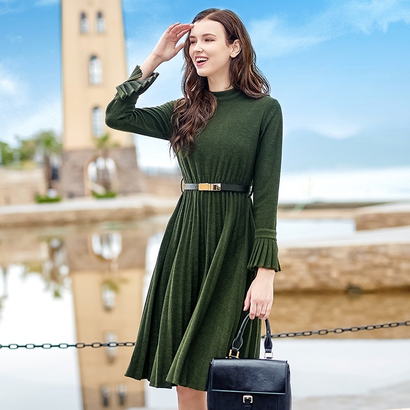 Solid Color-Lautsprecher Ärmel Plissee Hohe Taille War Dünn Woolen Dress