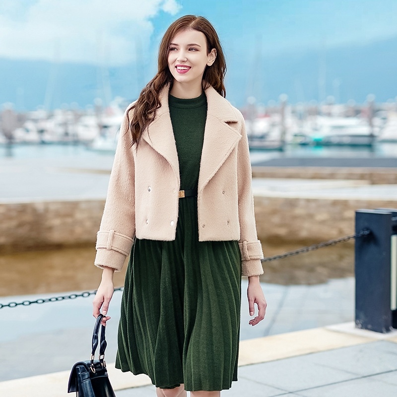 Solid Color-Lautsprecher Ärmel Plissee Hohe Taille War Dünn Woolen Dress