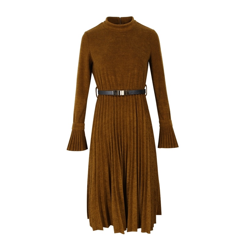 De Couleur Unie, Haut-Parleur Manches Plissé Haute Taille Était Mince Robe De Laine