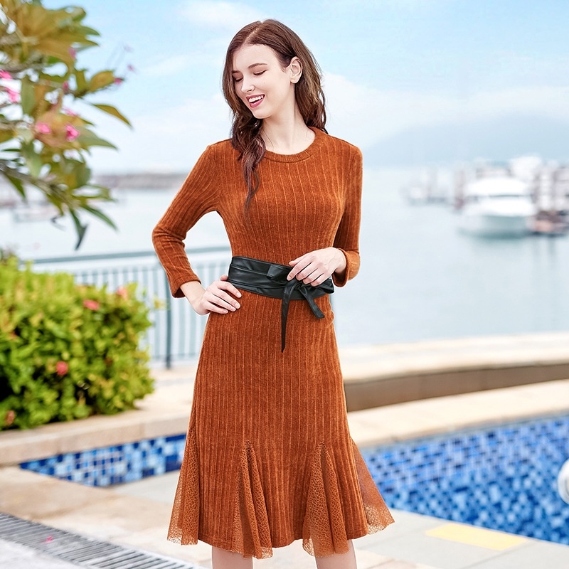 Tour De Cou Sirène À Queue De Poisson Tricot Midi Robe Avec Un Contraste De Ceinture De Cravate |