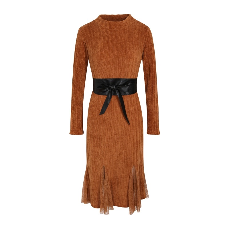 Tour De Cou Sirène À Queue De Poisson Tricot Midi Robe Avec Un Contraste De Ceinture De Cravate |