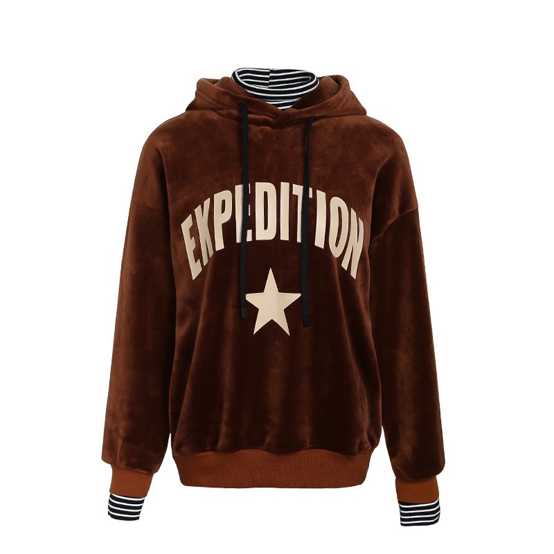 Streifen und Hauben Hoher Kragen Layered Splicing Samt Pullover |