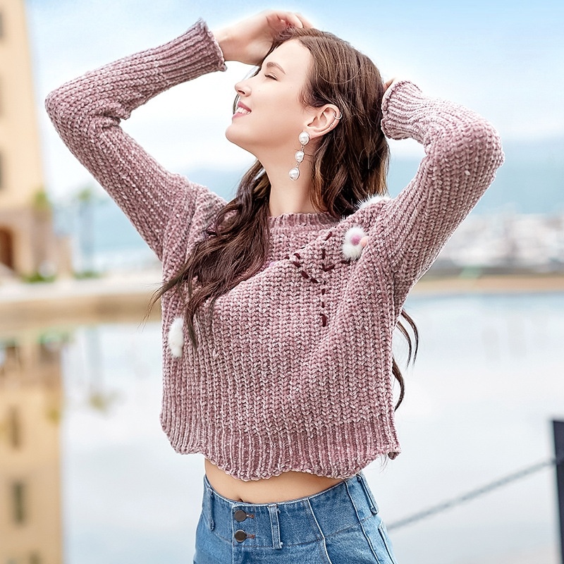 Wrapped in Pink Round Neck Long Sleeve Frill Bottom Sweater | VoguesUs