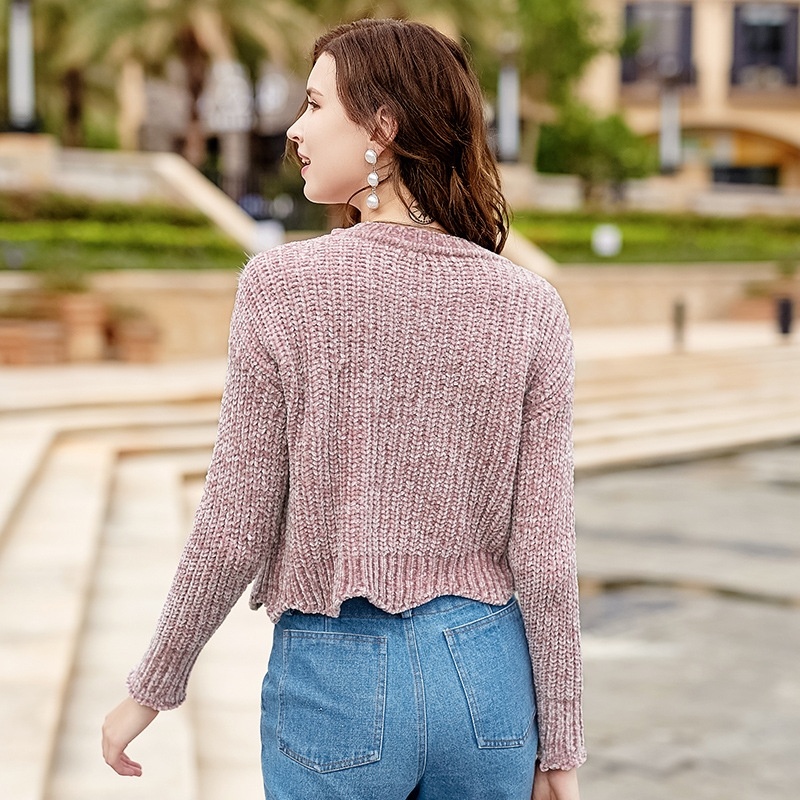 Wrapped in Pink Round Neck Long Sleeve Frill Bottom Sweater | VoguesUs