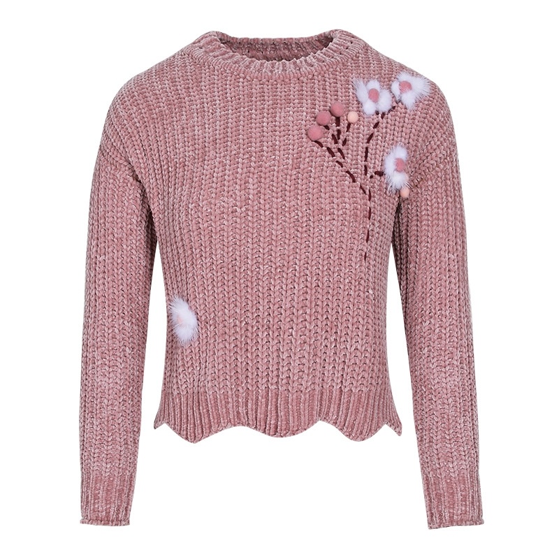 Wrapped in Pink Round Neck Long Sleeve Frill Bottom Sweater | VoguesUs