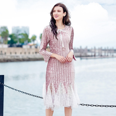Tour De Cou Bell Manche En Queue De Poisson Sirène Robe De Velours Avec Détail De Maille
