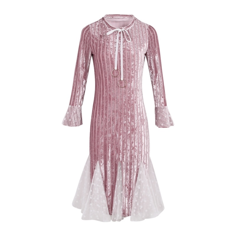 Runder Ausschnitt Glocke Ärmel Fishtail Mermaid-Kleid Mit Mesh-Detail