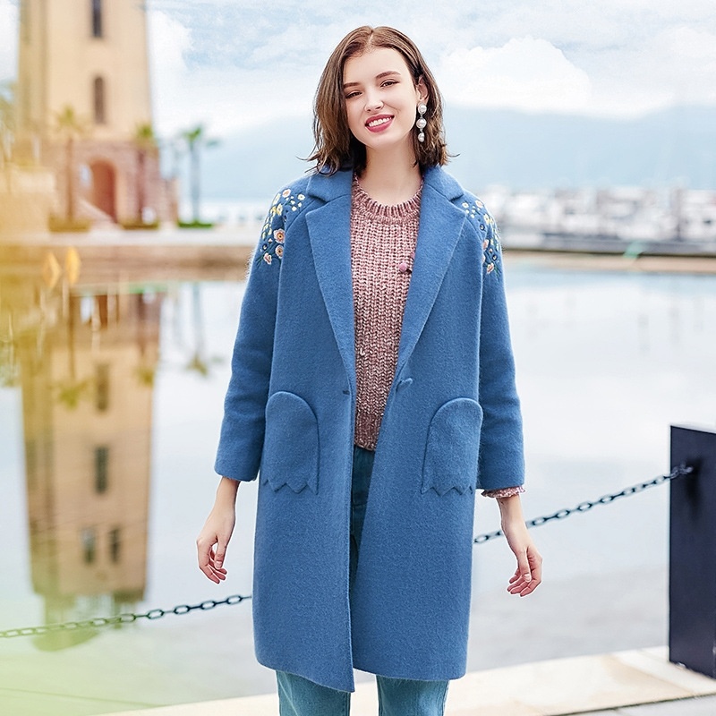 Make a Statement Beautiful Lapel Flower Embroidery Blue Woolen Coat |