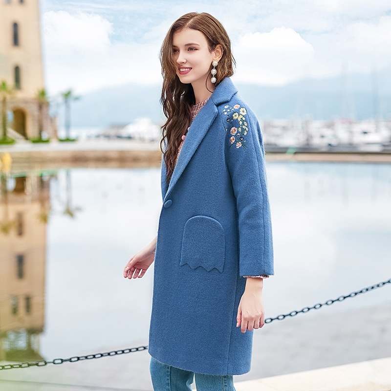 Make a Statement Beautiful Lapel Flower Embroidery Blue Woolen Coat |