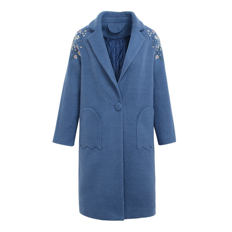 Faire une Déclaration de Beaux Revers Broderie de Fleur Bleu Manteau Laine |